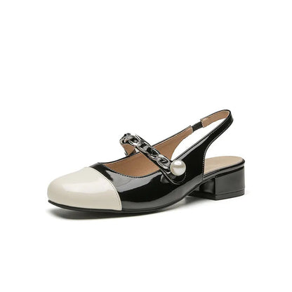 Pearl chain shallow mouth back hollow thick heel color blocked Mary Jane sandals for women