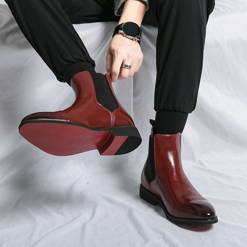 Pointed toe men's boots high top leather shoes red soles Martin boots British casual