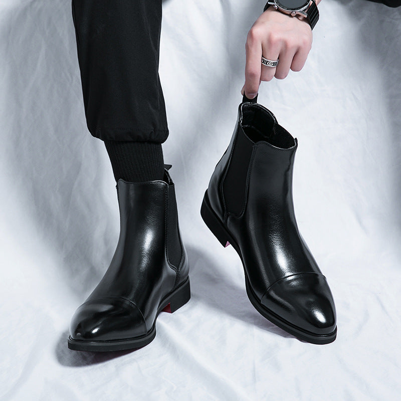 Pointed toe men's boots high top leather shoes red soles Martin boots British casual