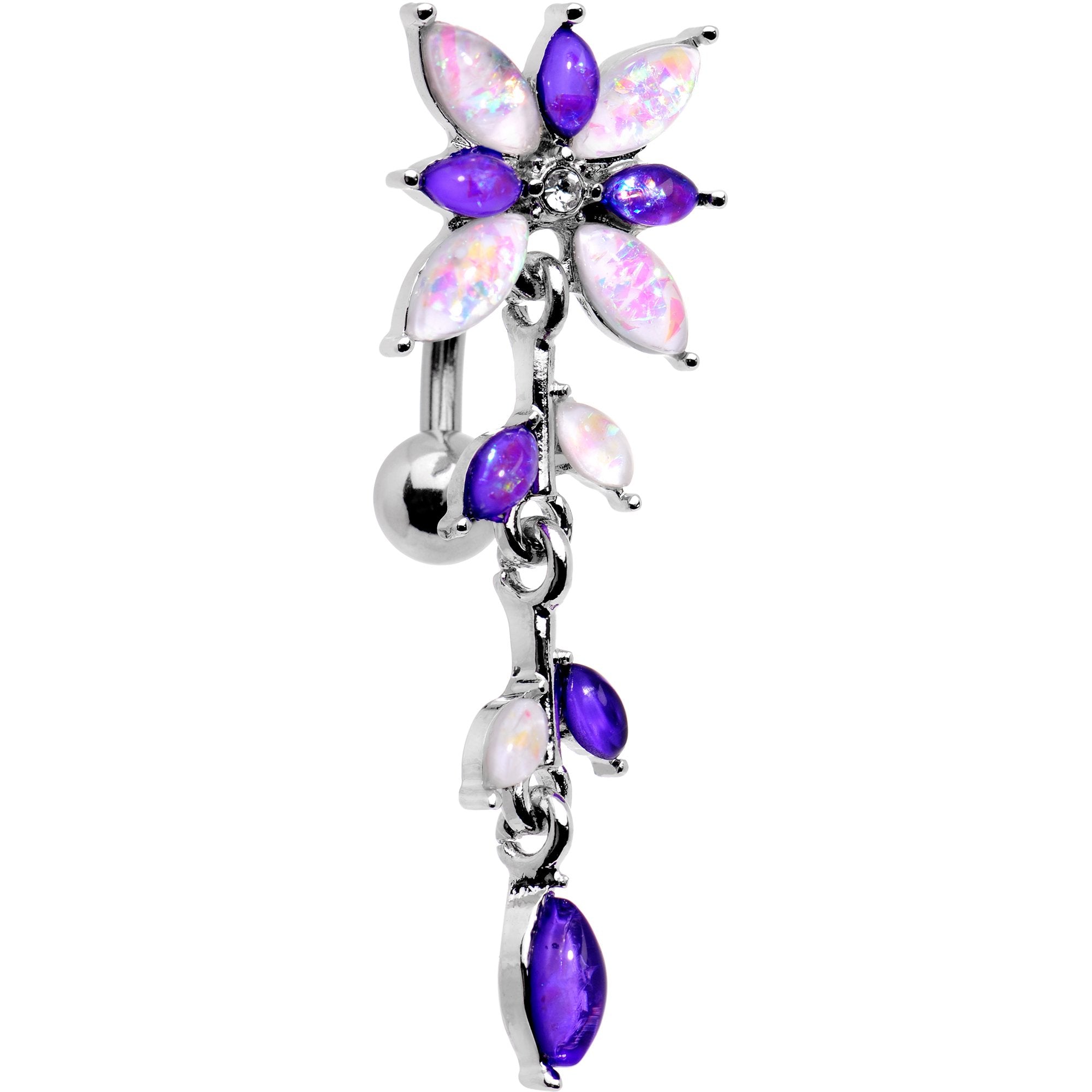White Purple Gem Frosted Flower Trail Top Mount Dangle Belly Ring