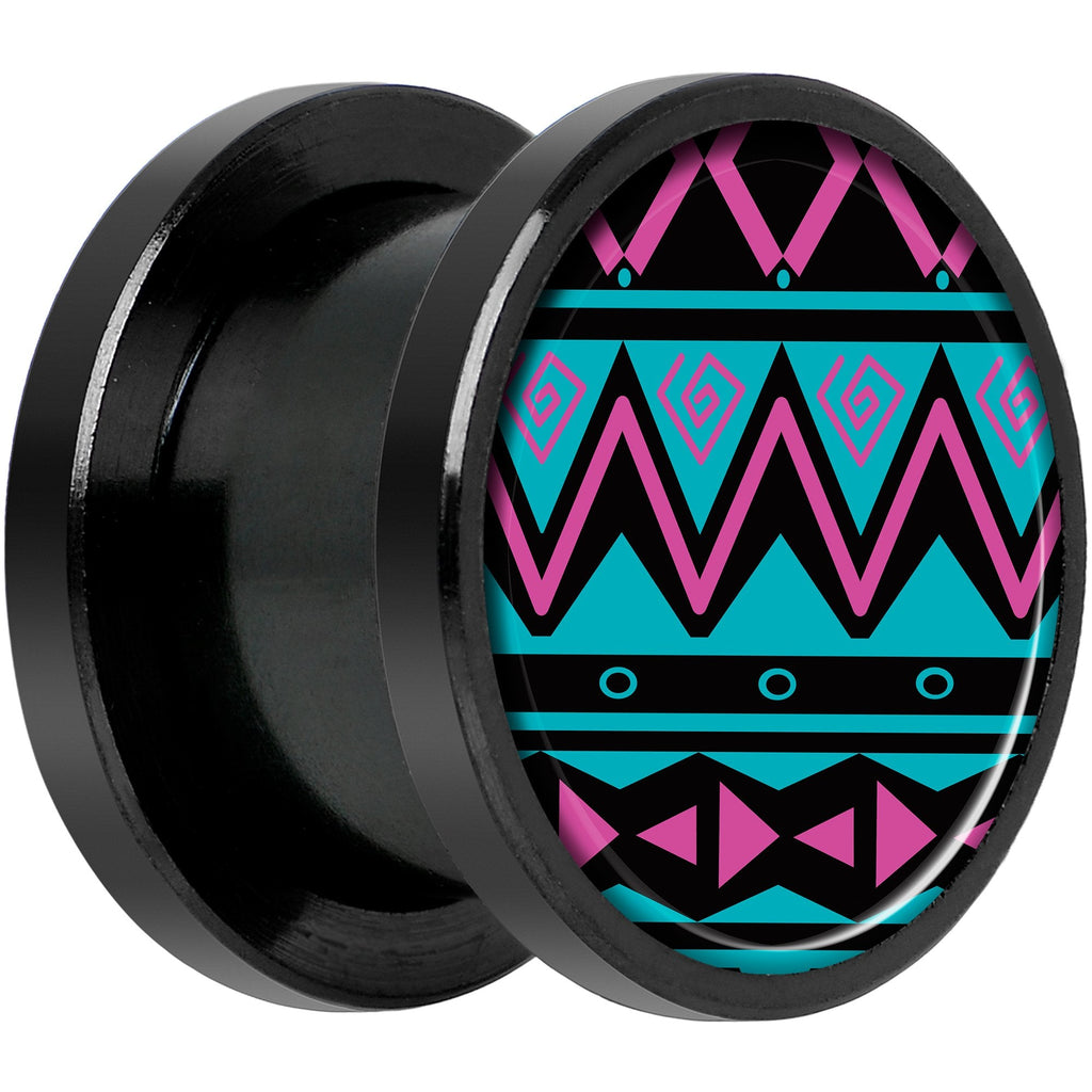 Pink Teal Tribal Print Black Anodized Screw Fit Plug Set 1/2