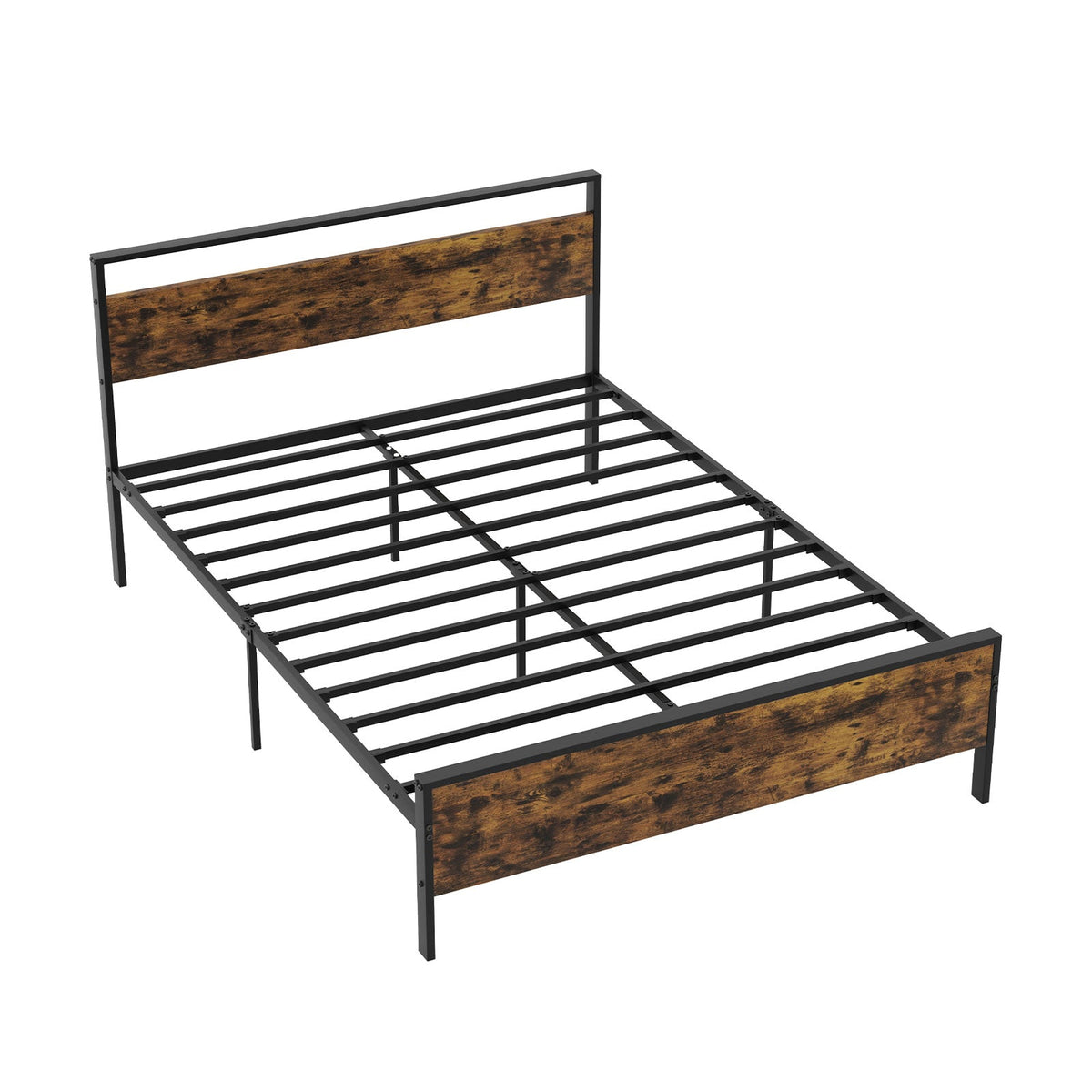 King Metal Bed Frame Industrial Platform Bed with Wooden Headboard
