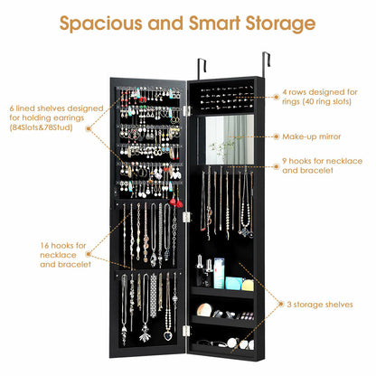 Full Length Mirror Jewelry Cabinet with Ring Slots and Necklace Hooks