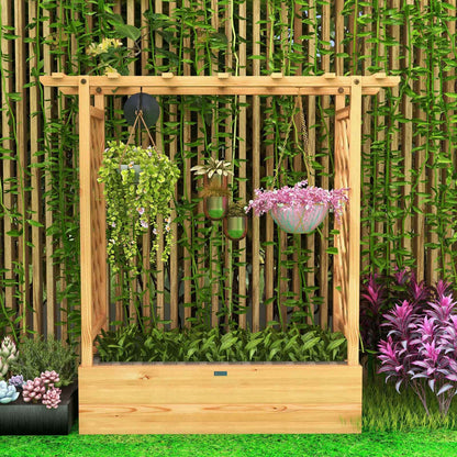 Raised Garden Bed with Trellis or Climbing Plant and Pot Hanging-Natural