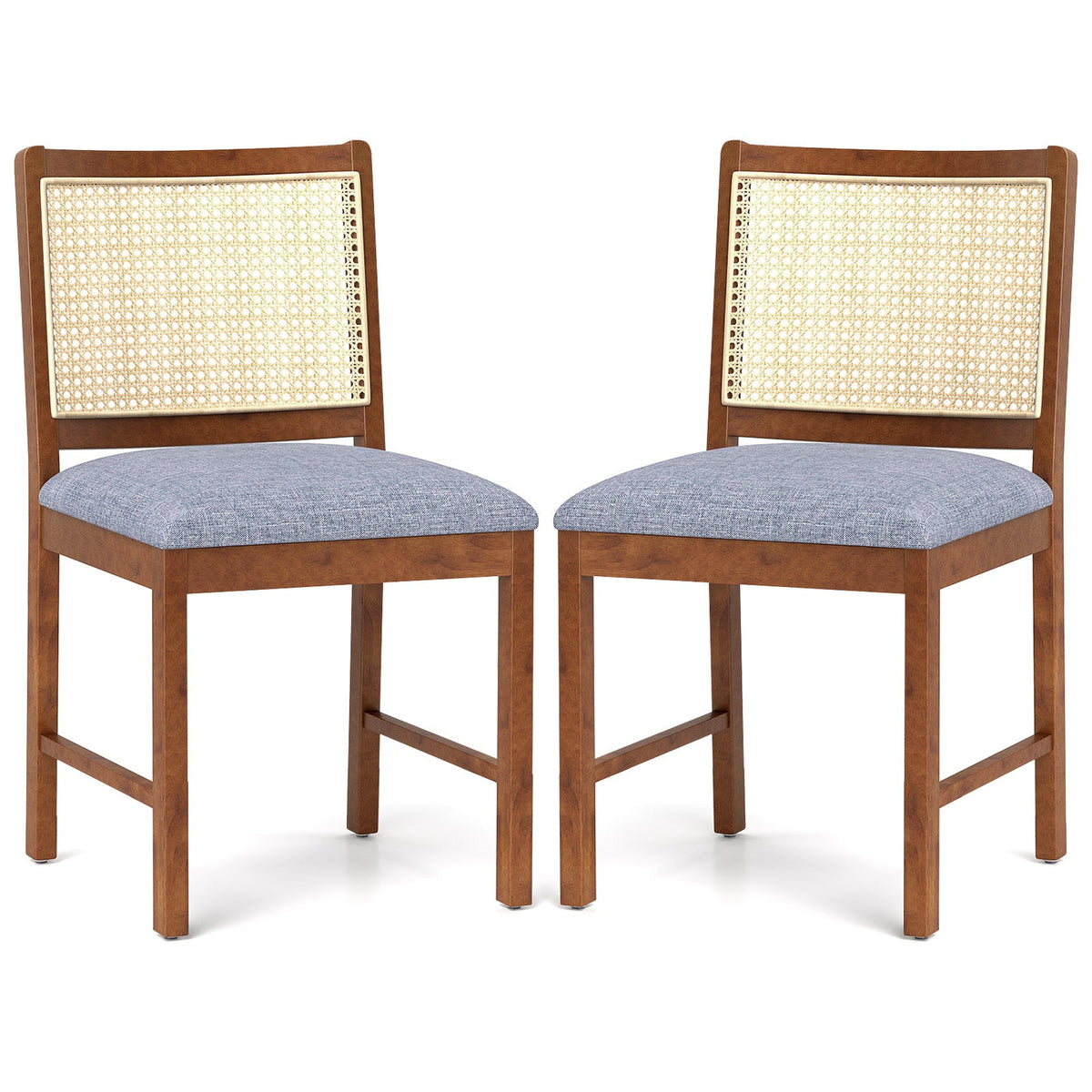 Rattan Dining Chair Set of 2 with Rubber Wood Frame and Linen Fabric Padded Seat-Walnut