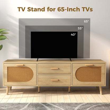 Rattan TV Stand for 65-Inch TV with Drawers and Solid Wood Legs-Natural
