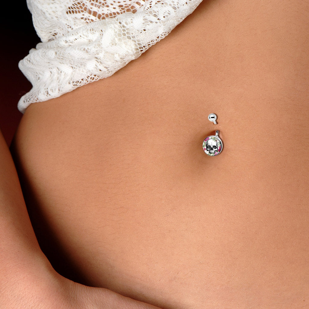 Floral Border Skull Belly Ring