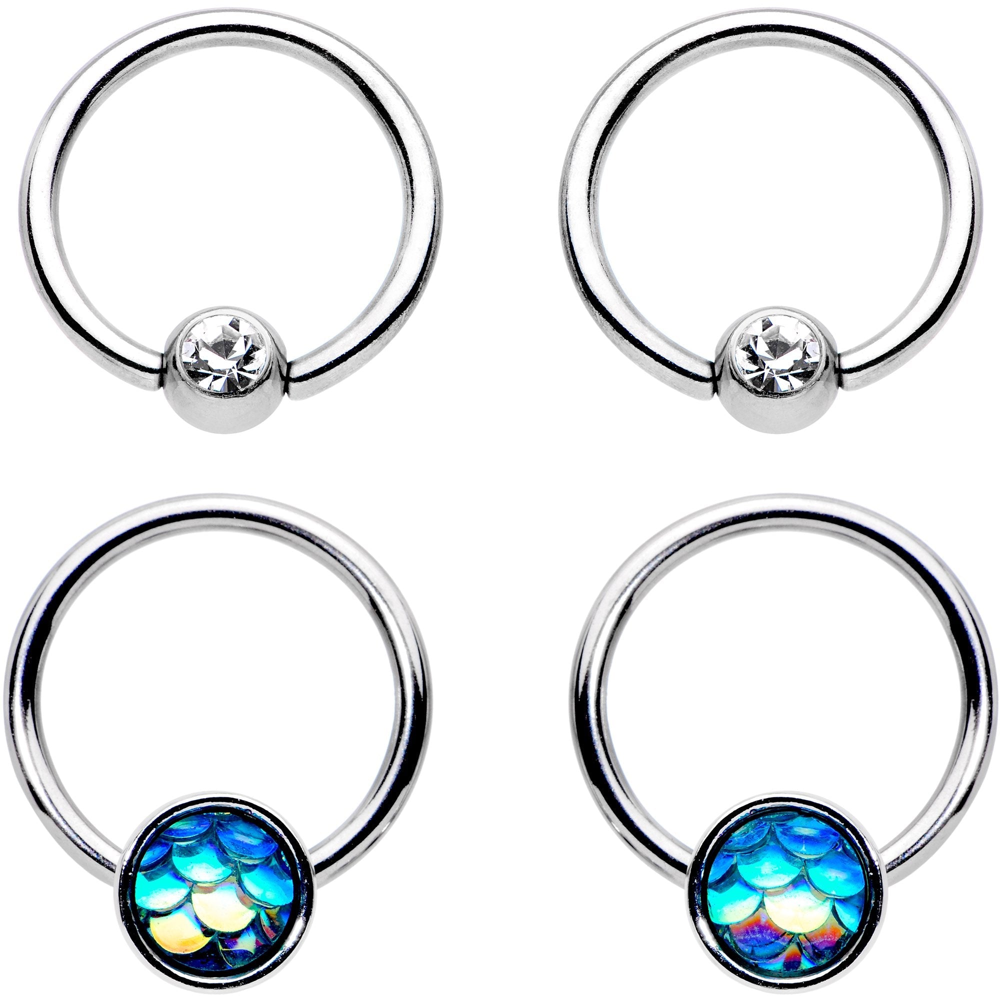 14G Clear Gem Mermaid Scale BCR Captive Nipple Ring Set of 4