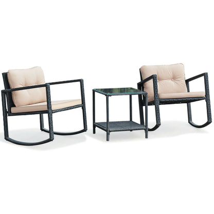 3 Pieces Cushioned Patio Rattan Set with Rocking Chair and Table-Black