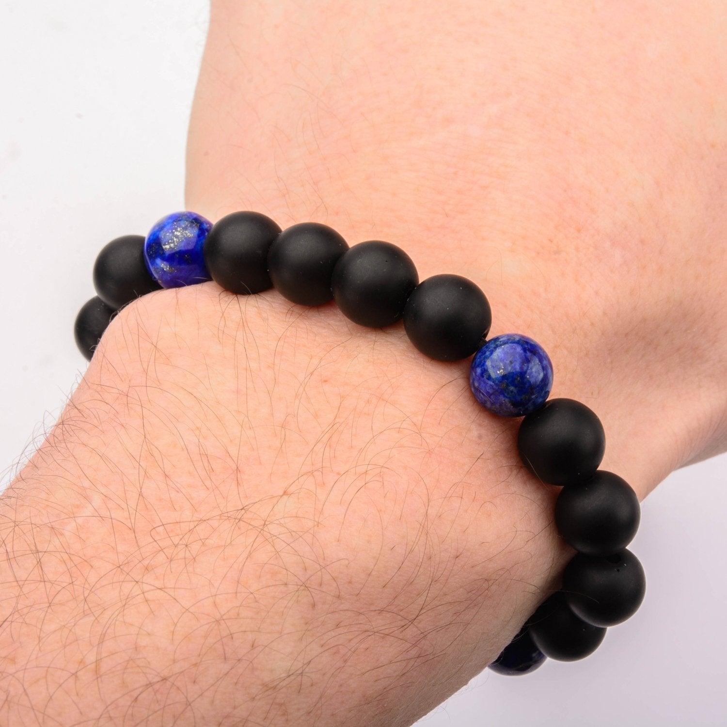 Mens Stainless Steel Lapis and Black Onyx Beads Bracelet