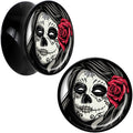 Black Acrylic Katrina Sugar Skull with Rose Flower Saddle Plug Set 20mm