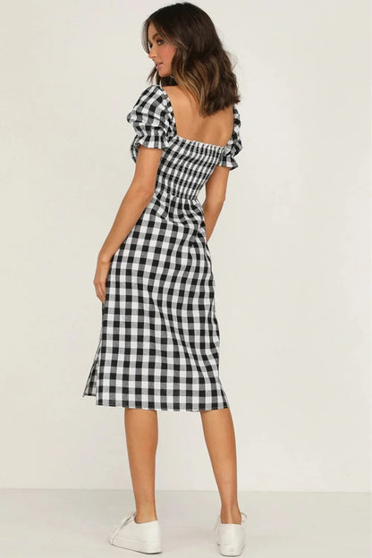 Slit Plaid Short Sleeve Midi Dress