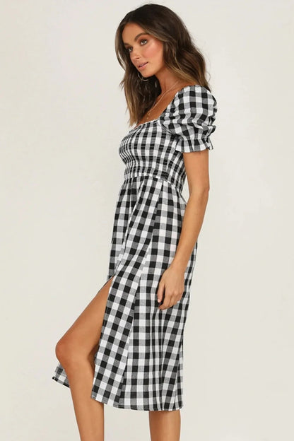 Slit Plaid Short Sleeve Midi Dress