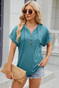 Solid color hooded button loose short sleeved T-shirt top for women