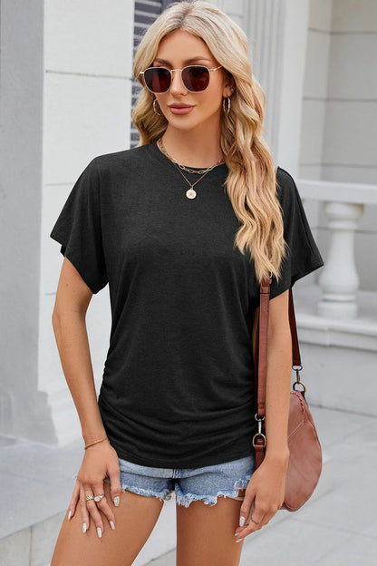 Solid color round neck loose short sleeved T-shirt top for women