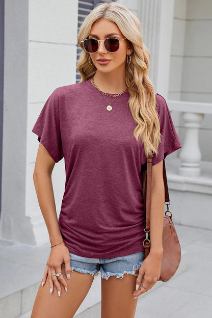Solid color round neck loose short sleeved T-shirt top for women