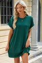 Solid color round neck pocket loose short sleeved dress