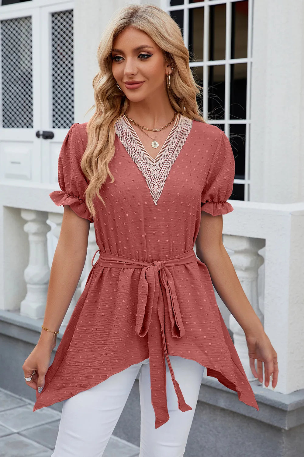 Solid color V-neck lace patchwork loose short sleeved dress