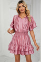 Solid color waist cinching loose V-neck lotus leaf dress for women
