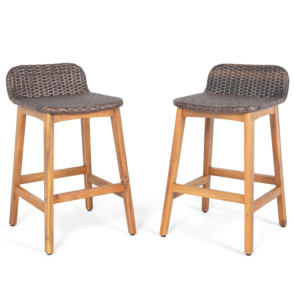 Solid Acacia Wood Bar Stools Set of 2 with Backrests and Footrests for Porch