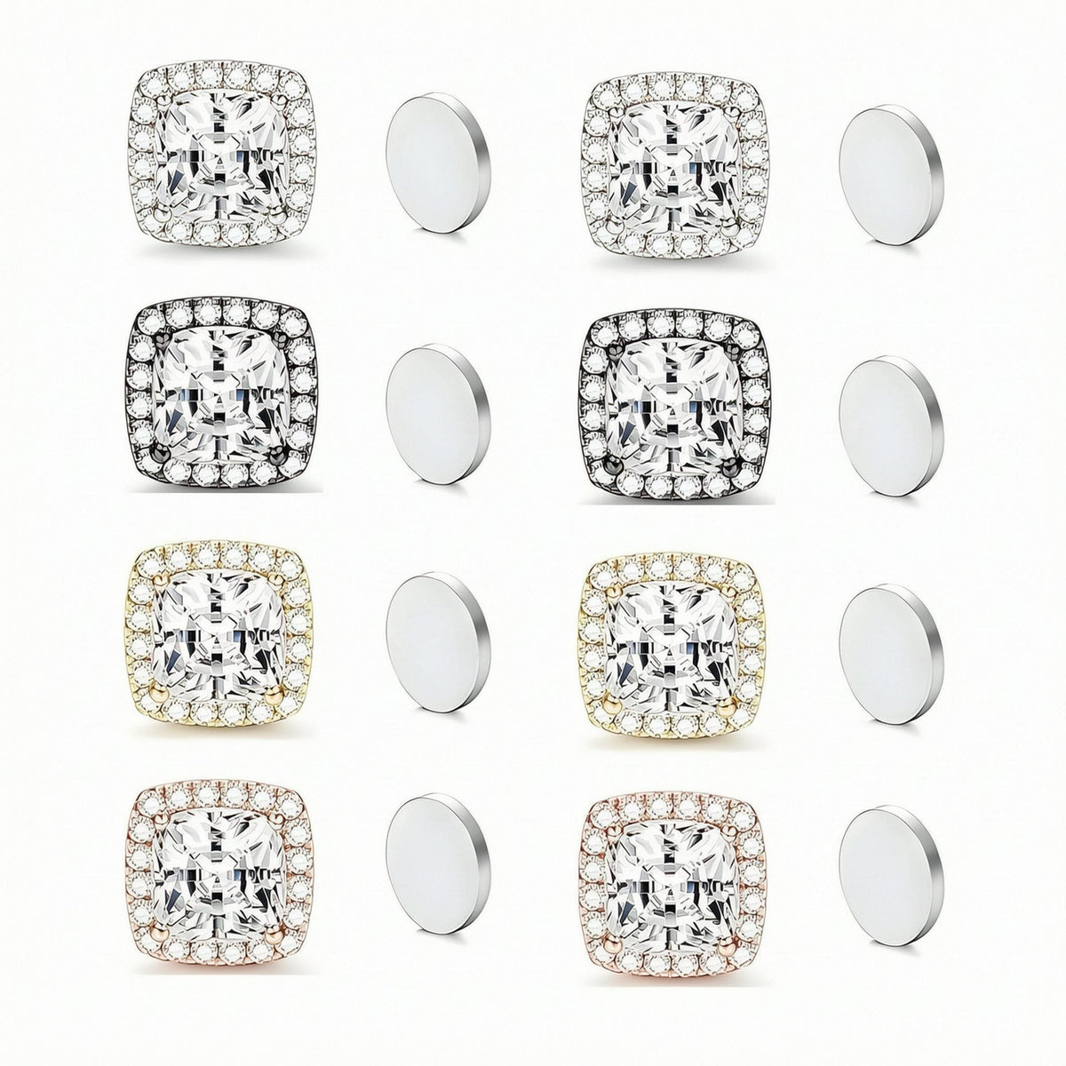 Magnetic CZ Square Halo Stud Earrings for Men Women, Non-Piercing Clip On Studs, Square Cubic Zirconia Stainless Steel