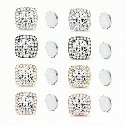 Magnetic CZ Square Halo Stud Earrings for Men Women, Non-Piercing Clip On Studs, Square Cubic Zirconia Stainless Steel