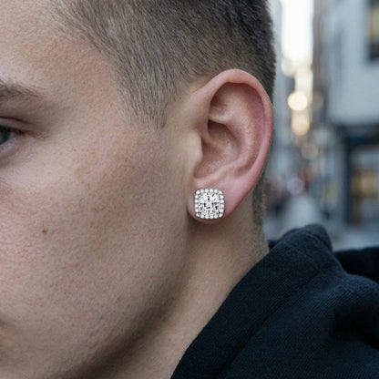 Magnetic CZ Square Halo Stud Earrings for Men Women, Non-Piercing Clip On Studs, Square Cubic Zirconia Stainless Steel