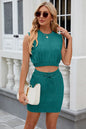 Summer new solid color round neck sleeveless top with drawstring skirt set for women