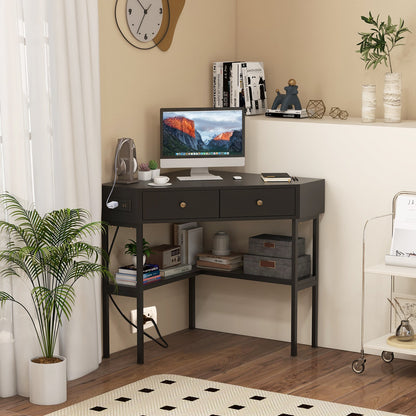 Triangle Corner Desk with Charging Station with 2 Drawers and Storage Shelf