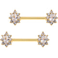 Clear CZ Gem Gold Plated Teardrop Star Barbell Nipple Ring Set
