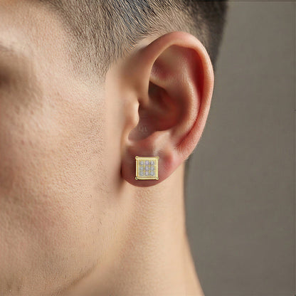 Magnetic Iced Out CZ Square Stud Earrings for Men Women, Non-Piercing Clip On Stainless Steel