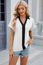 V-neck contrasting short sleeved loose T-shirt top for women