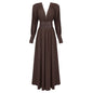 Waist closure pleated French dress in coffee color with V-neck and long sleeves