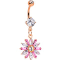 Pink CZ Gem Rose Gold Tone Anodized Fancy Flower Dangle Belly Ring