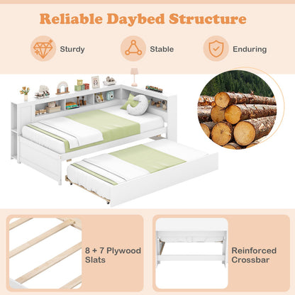 Twin Size Daybed Platform Bed Frame with Trundle and Bedside Shelves-White