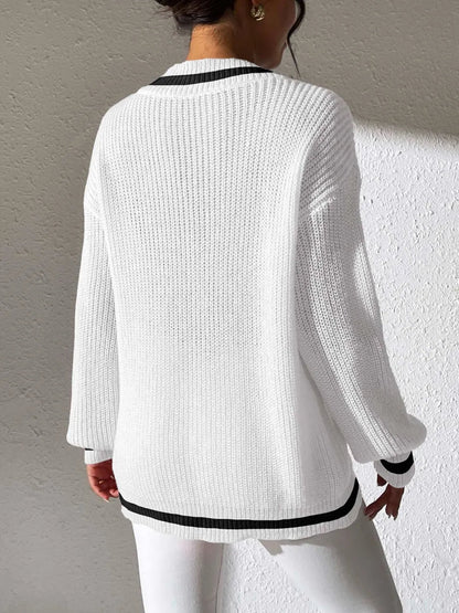 Women's College Style Women's Sweater Color Contrasting V-neck Loose Sweater