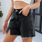 Women's denim shorts with frayed edges versatile split hot pants
