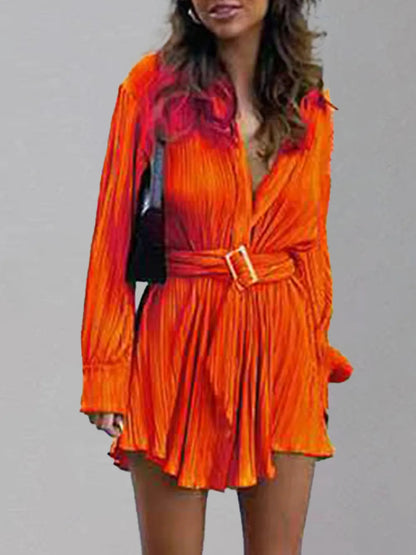 Women's new shirt collar fashionable women's elastic waist pleated long sleeved lace up dress