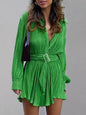 Women's new shirt collar fashionable women's elastic waist pleated long sleeved lace up dress