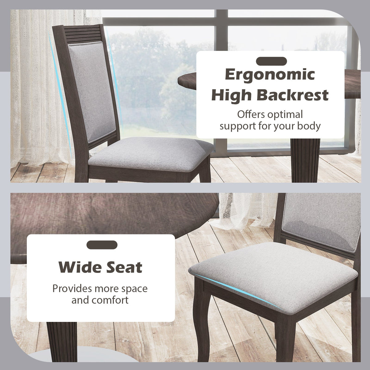 Wood Dining Chairs Set of 2 with Rubber Wood Frame and Padded Seat-Brown