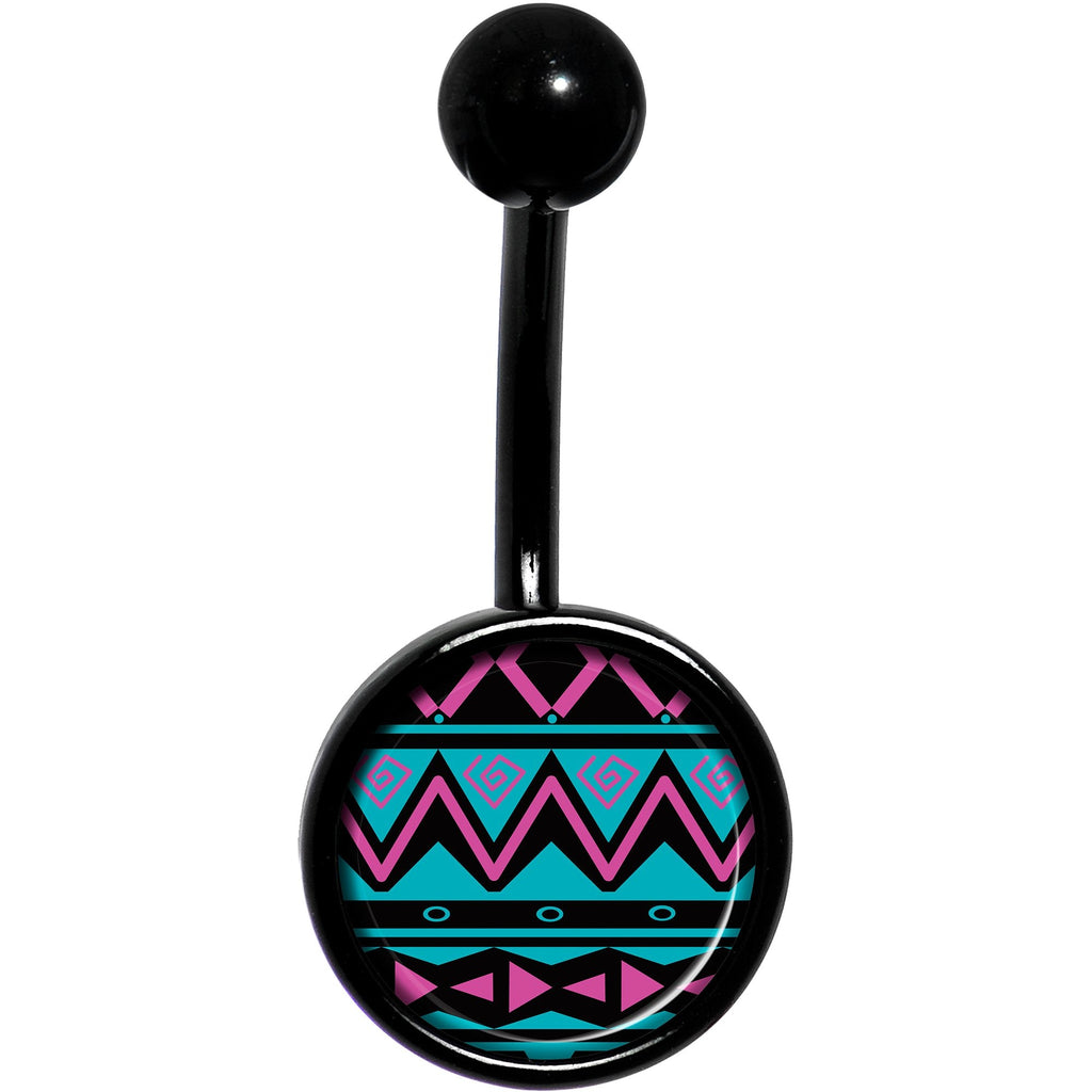 Pink Teal Tribal Pattern Black Belly Ring