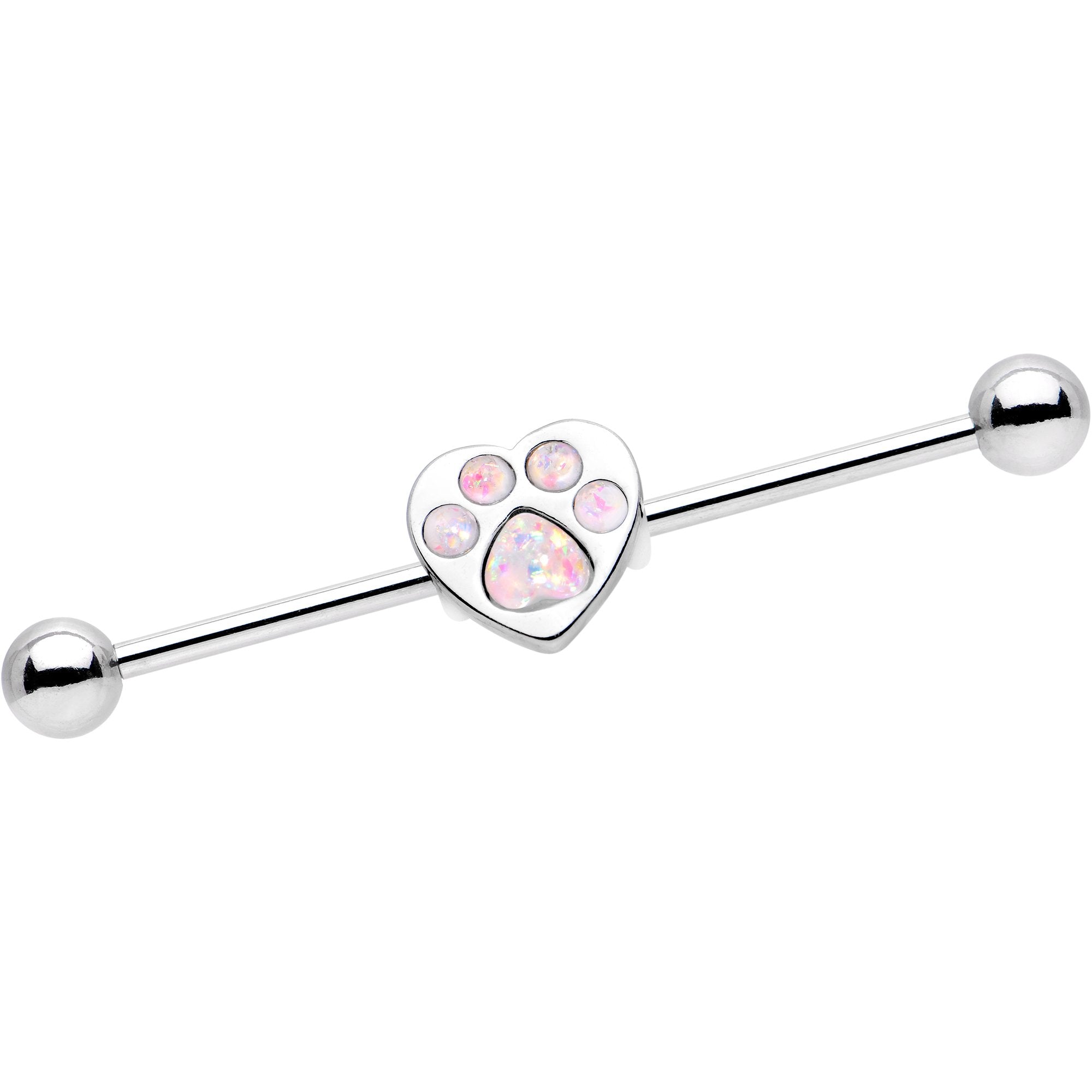 14G Pink Faux Opal Paw Print Heart Industrial Barbell 38mm