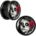 Katrina Sugar Skull with Rose Flower Black Anodized Screw Fit Plug Set 5/8