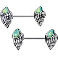 9/16 Green Faux Opal Spiral Shell Barbell Nipple Ring Set